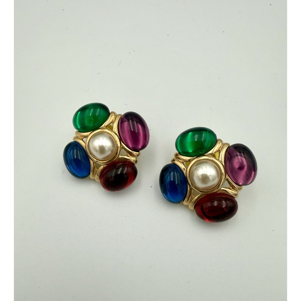 Vintage Napier Jewel-tone Cabachon & Faux Pearl Pierced Earrings